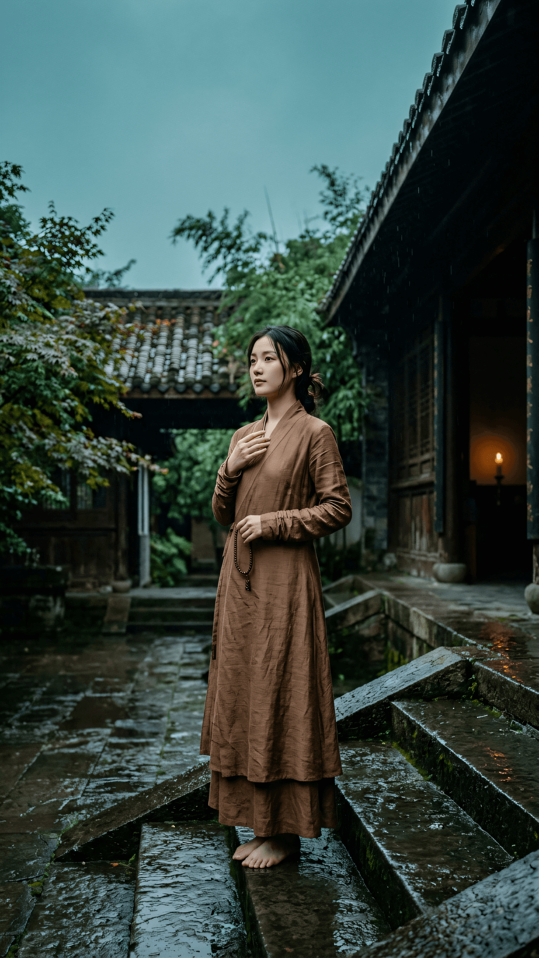 身处喧嚣百万亿,心向深林一径凉。云影无心逐流水,雨后阶前现本光。