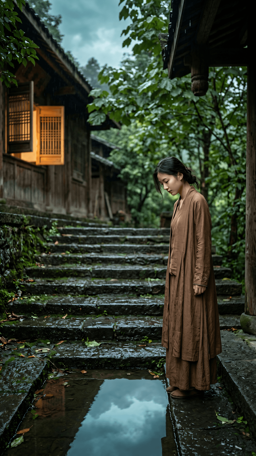 万缘纷扰处,一心寂静时。雨后空阶苔色润,清凉不在远山期。