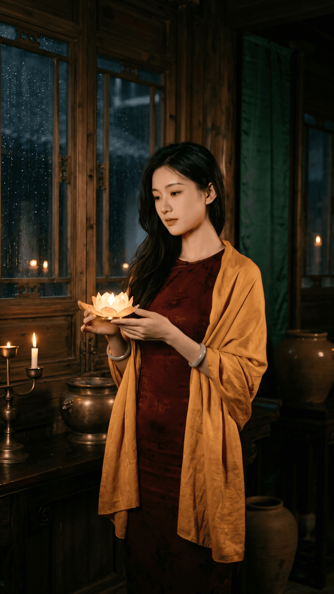 万事不由人计较,一生且自任随缘。心头无事秋月明,雨落空窗梦亦禅。